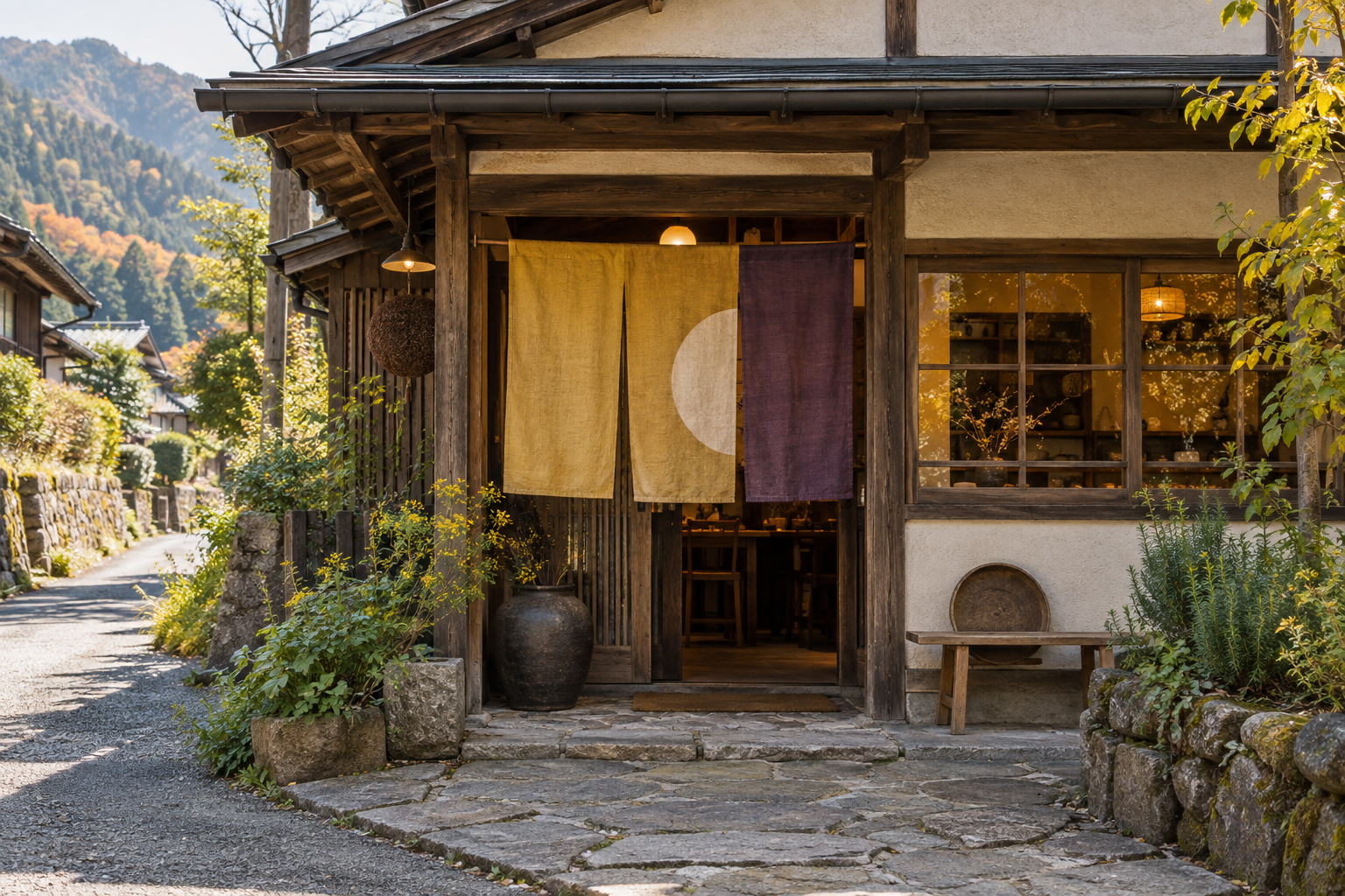 山あいの木造食堂の外観