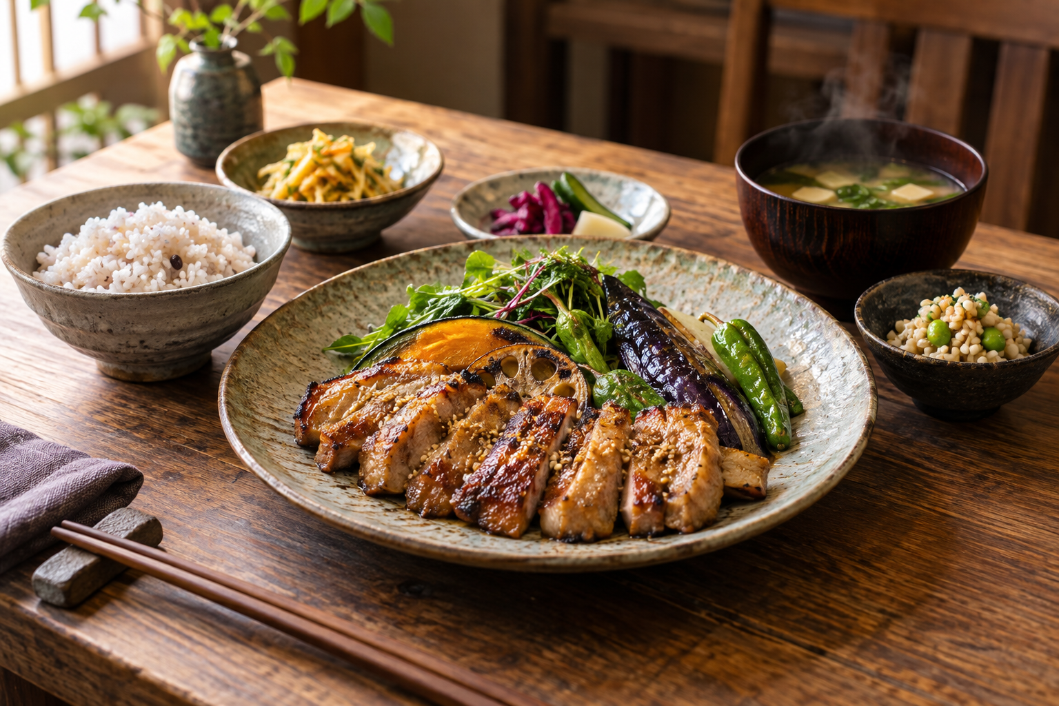 麹漬け豚と焼き野菜の発酵御膳